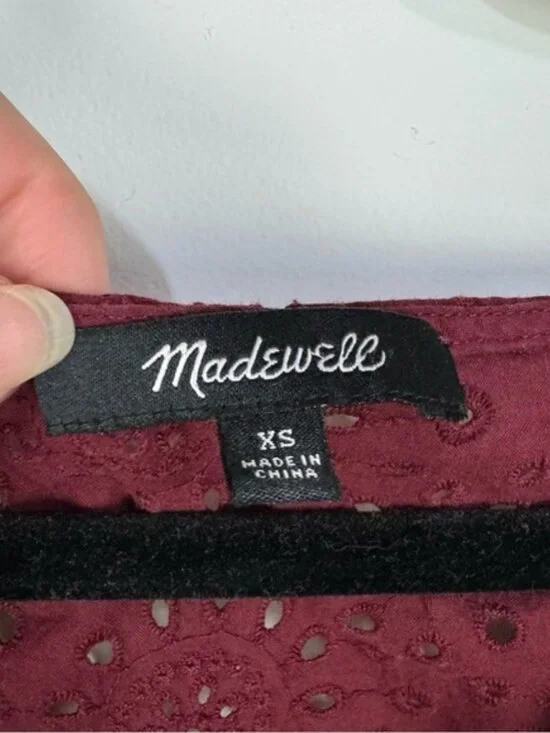 Madewell Red Burgundy Laser Cut Eyelet Peplum Button Down top Blouse Boho Office - Picture 5 of 5